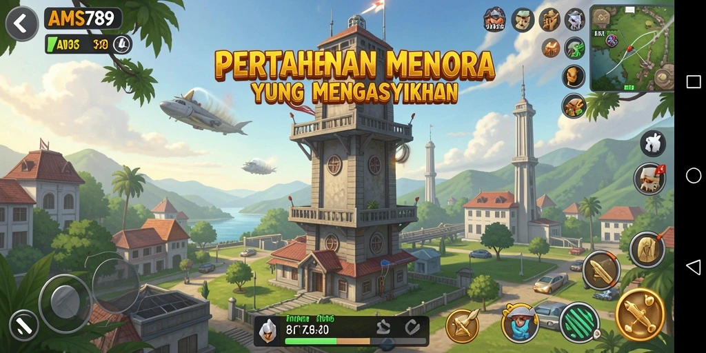 Screenshot permainan menunjukkan aksi menara yang sedang berperang melawan musuh.