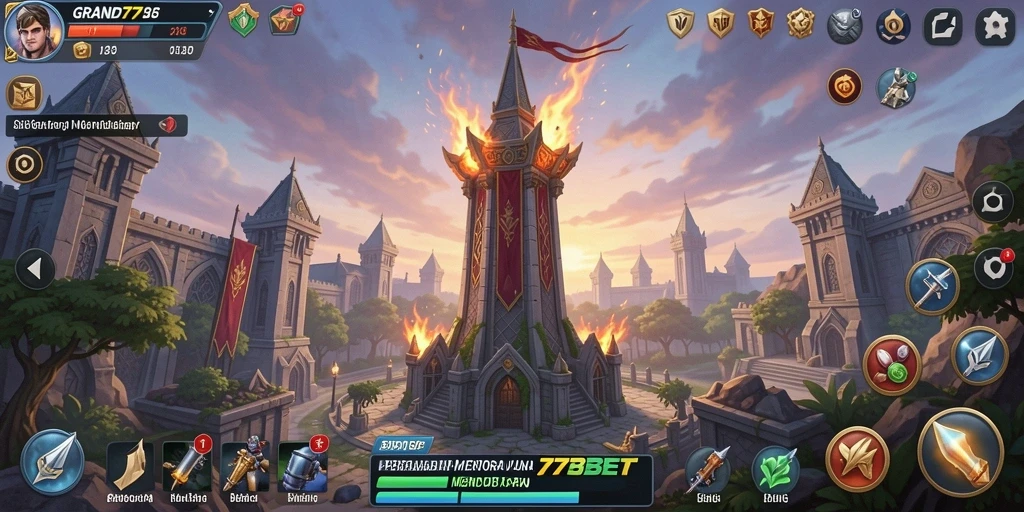 Screenshot gameplay GRAND77BET menampilkan pertahanan menara yang strategis.